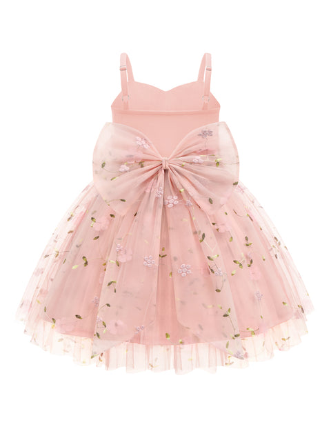 Toddler Girls Tulle Tutu Dress Floral Embroidery Bowknot Princess Birthday Dress - Pink Floral