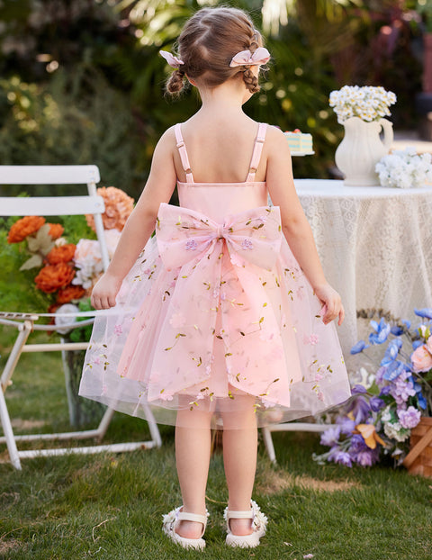 Toddler Girls Tulle Tutu Dress Floral Embroidery Bowknot Princess Birthday Dress - MIR