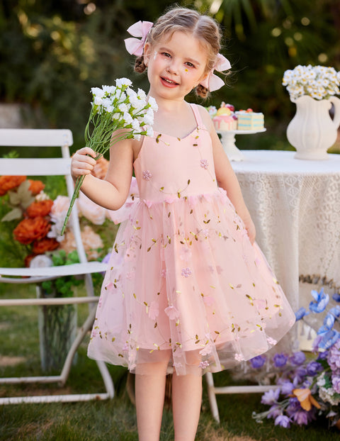 Toddler Girls Tulle Tutu Dress Floral Embroidery Bowknot Princess Birthday Dress - MIR