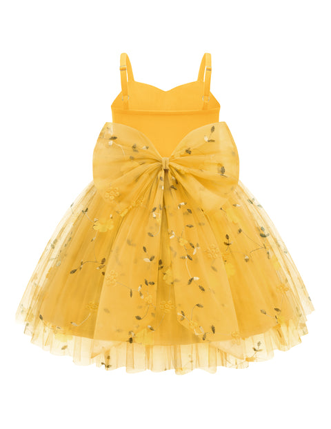 Toddler Girls Tulle Tutu Dress Floral Embroidery Bowknot Princess Birthday Dress - Yellow Floral