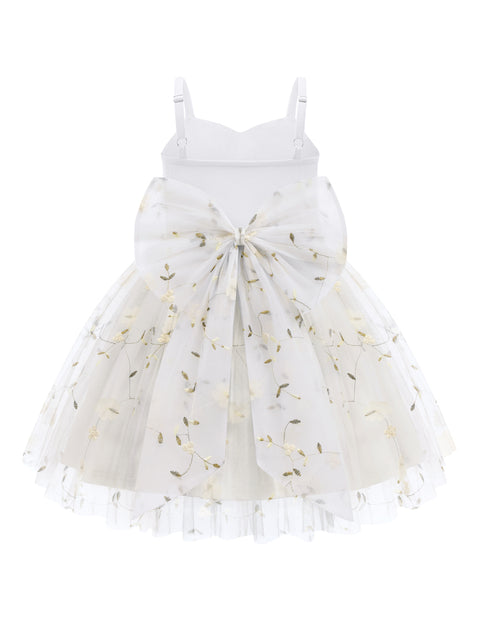 Toddler Girls Tulle Tutu Dress Floral Embroidery Bowknot Princess Birthday Dress - White Floral