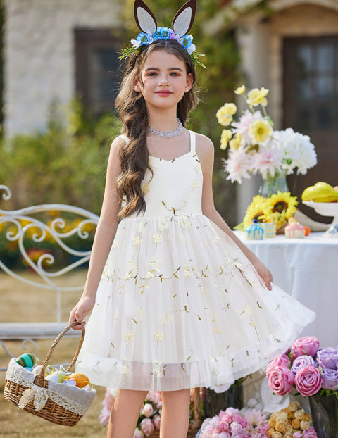 Toddler Girls Tulle Tutu Dress Floral Embroidery Bowknot Princess Birthday Dress - White Floral