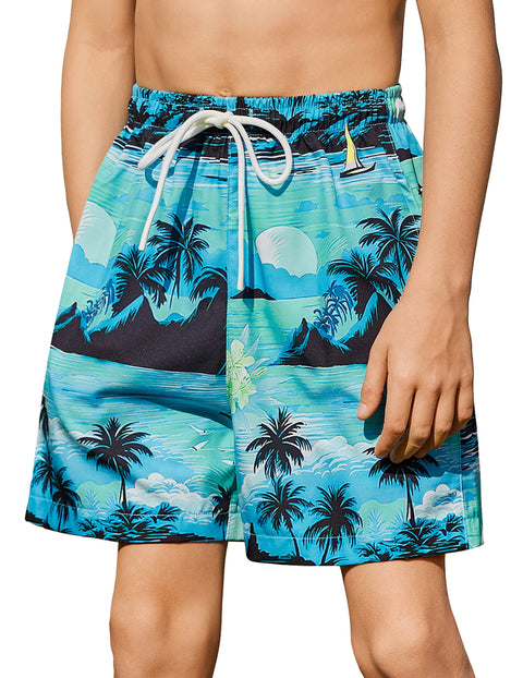 Boys Swim Trunks with Compression Liner Quick Dry Kids Swim Shorts - Palm Tree - Green/Black