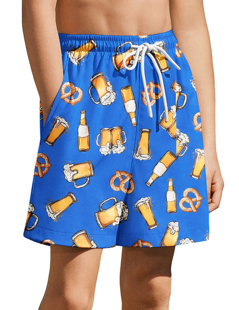 Boys Swim Trunks with Compression Liner Quick Dry Kids Swim Shorts - Beer Festival - Blue