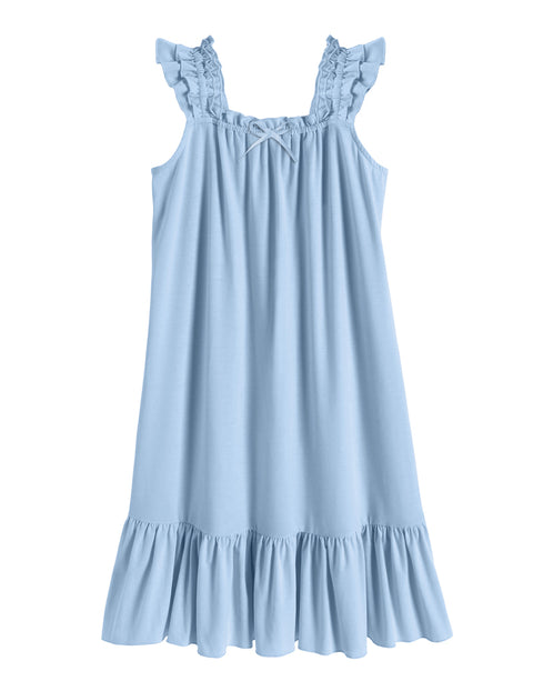 Girls Nightgown Sleeveless Square Neck Ruffle Strap Sleep Dress with Bow - Blue