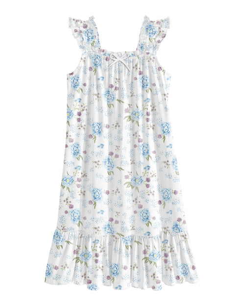 Girls Nightgown Sleeveless Square Neck Ruffle Strap Sleep Dress with Bow - Blue Flowers