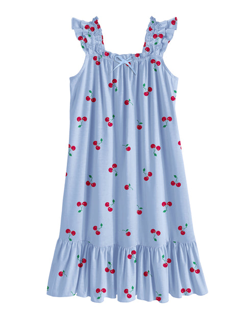 Girls Nightgown Sleeveless Square Neck Ruffle Strap Sleep Dress with Bow - Blue Cherry