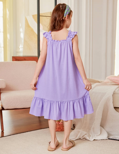 Girls Nightgown Sleeveless Square Neck Ruffle Strap Sleep Dress with Bow - Purple