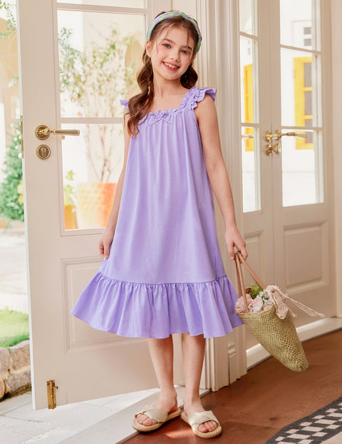 Girls Nightgown Sleeveless Square Neck Ruffle Strap Sleep Dress with Bow - Purple