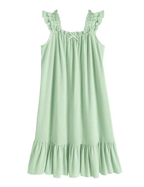Girls Nightgown Sleeveless Square Neck Ruffle Strap Sleep Dress with Bow - Green