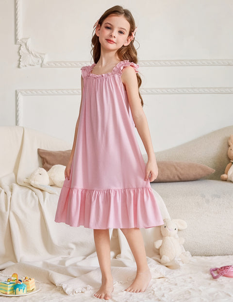 Girls Nightgown Sleeveless Square Neck Ruffle Strap Sleep Dress with Bow - Pink
