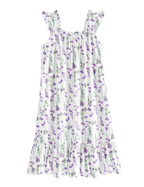 Girls Nightgown Sleeveless Square Neck Ruffle Strap Sleep Dress with Bow - Purple Flower