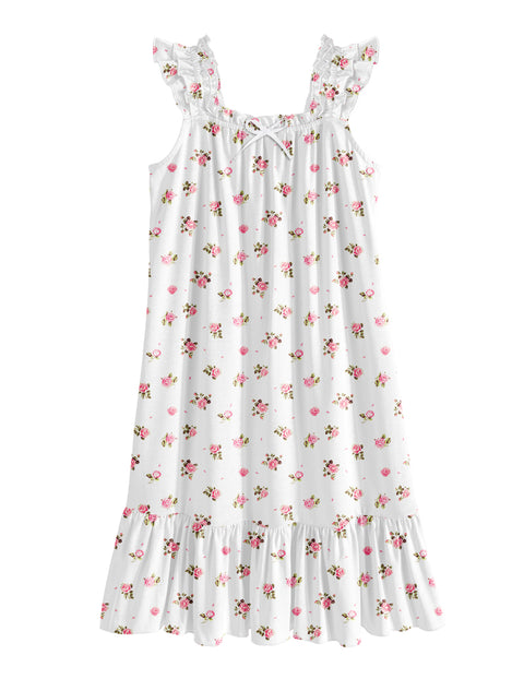 Girls Nightgown Sleeveless Square Neck Ruffle Strap Sleep Dress with Bow - White Flowers