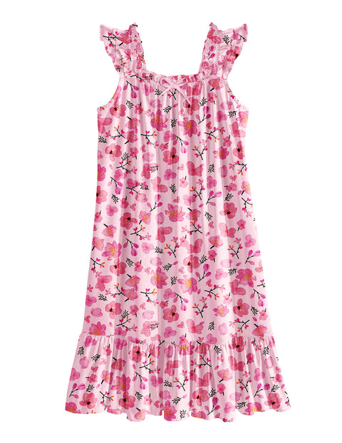 Girls Nightgown Sleeveless Square Neck Ruffle Strap Sleep Dress with Bow - Pink Flower