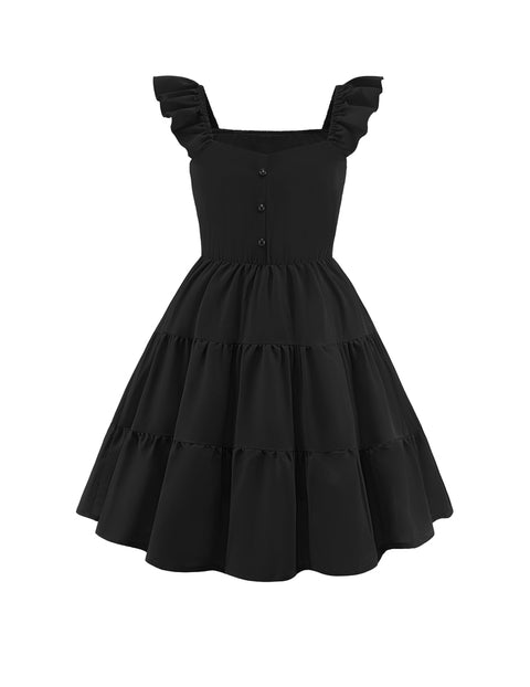 Girls Ruffle Flutter Sleeve V-Neck Button Down Smocked Dress with Pockets - Black