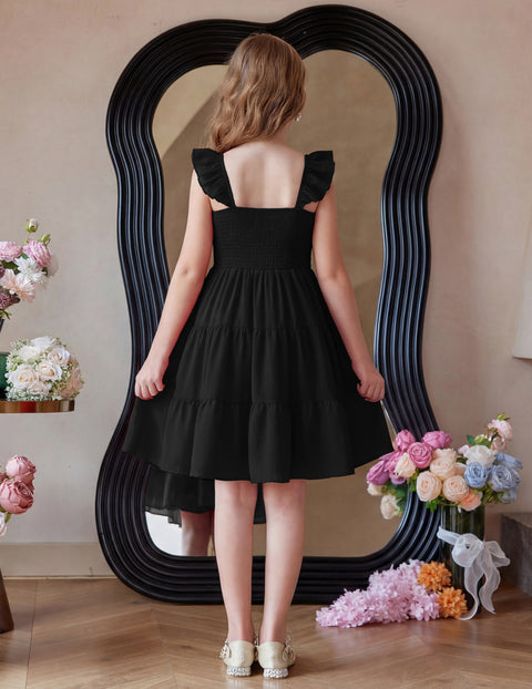 Girls Ruffle Flutter Sleeve V-Neck Button Down Smocked Dress with Pockets - Black