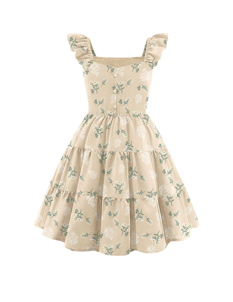 Girls Ruffle Flutter Sleeve V-Neck Button Down Smocked Dress with Pockets - Apricot White Flower