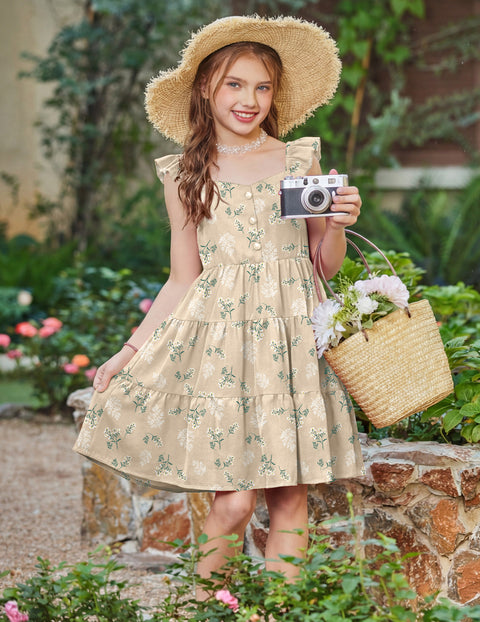 Girls Ruffle Flutter Sleeve V-Neck Button Down Smocked Dress with Pockets - Apricot White Flower