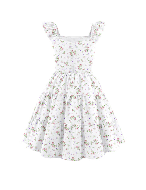 Girls Ruffle Flutter Sleeve V-Neck Button Down Smocked Dress with Pockets - Pink Purple Flower