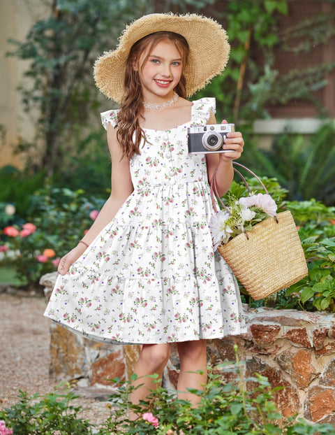 Girls Ruffle Flutter Sleeve V-Neck Button Down Smocked Dress with Pockets - Pink Purple Flower