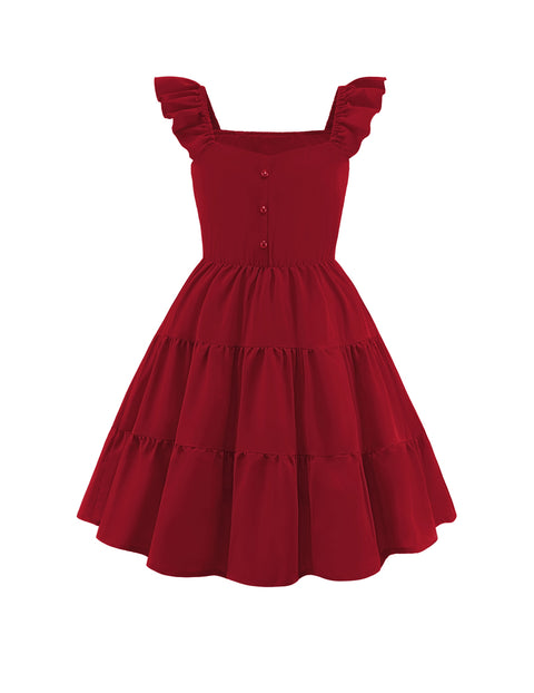Girls Ruffle Flutter Sleeve V-Neck Button Down Smocked Dress with Pockets - Red