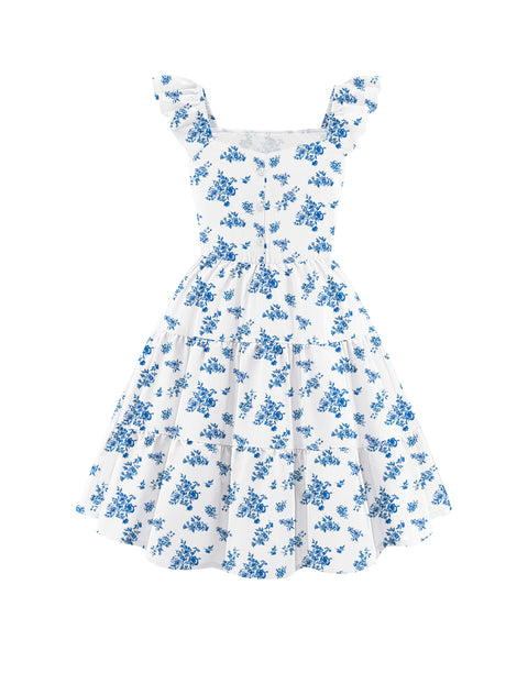 Girls Ruffle Flutter Sleeve V-Neck Button Down Smocked Dress with Pockets - Blue Flower