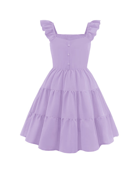 Girls Ruffle Flutter Sleeve V-Neck Button Down Smocked Dress with Pockets - Lavender