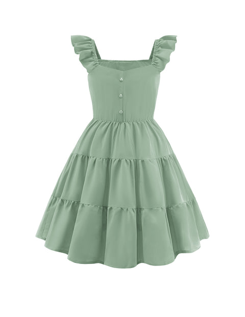 Girls Ruffle Flutter Sleeve V-Neck Button Down Smocked Dress with Pockets - Light Green