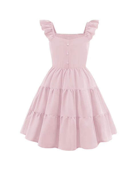 Girls Ruffle Flutter Sleeve V-Neck Button Down Smocked Dress with Pockets - Light Pink
