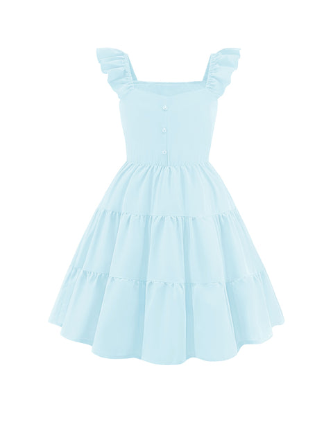 Girls Ruffle Flutter Sleeve V-Neck Button Down Smocked Dress with Pockets - Blue