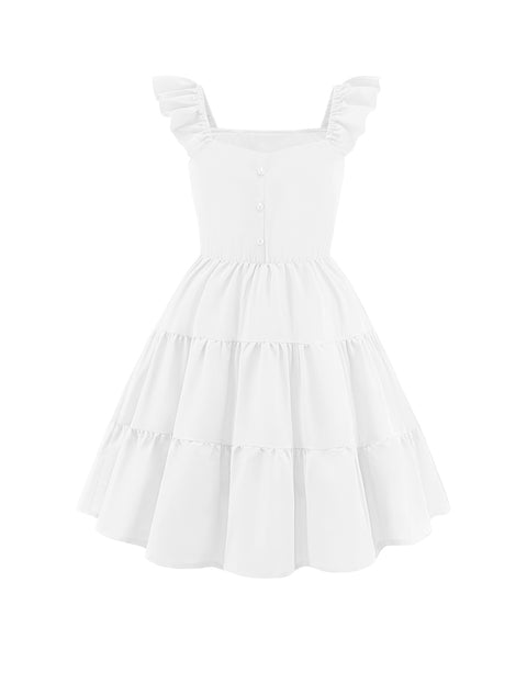Girls Ruffle Flutter Sleeve V-Neck Button Down Smocked Dress with Pockets - White