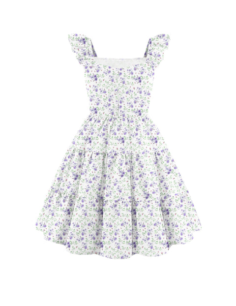 Girls Ruffle Flutter Sleeve V-Neck Button Down Smocked Dress with Pockets - Purple Flower