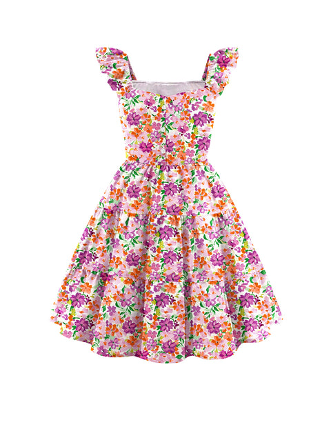 Girls Ruffle Flutter Sleeve V-Neck Button Down Smocked Dress with Pockets - Colorful Flower