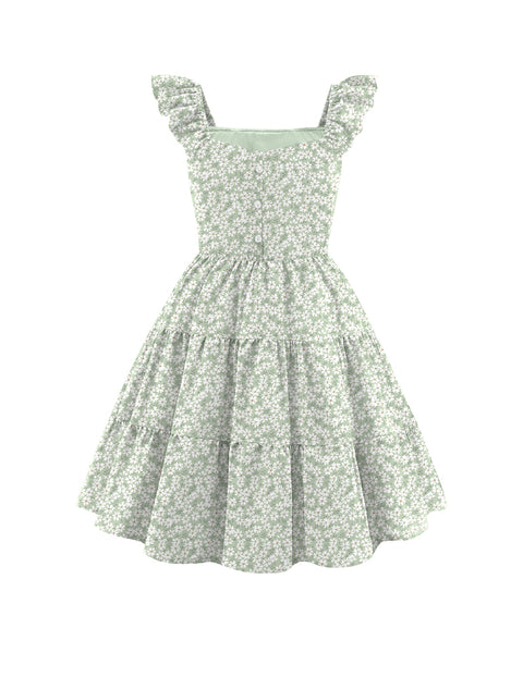 Girls Ruffle Flutter Sleeve V-Neck Button Down Smocked Dress with Pockets - Green White Flower
