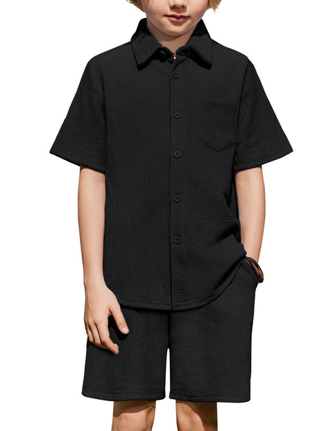 Boys 2 Piece Summer Outfit Short Sleeve Button Down Shirt and Shorts Set - Black