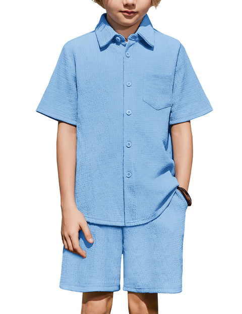 Boys 2 Piece Summer Outfit Short Sleeve Button Down Shirt and Shorts Set - Light Blue