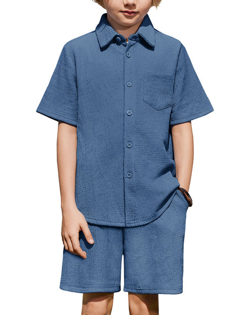 Boys 2 Piece Summer Outfit Short Sleeve Button Down Shirt and Shorts Set - Navy Blue