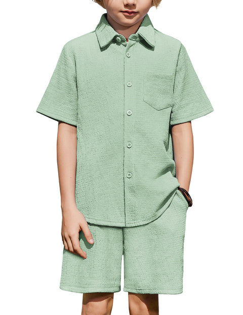Boys 2 Piece Summer Outfit Short Sleeve Button Down Shirt and Shorts Set - Icy Green