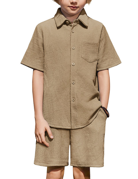 Boys 2 Piece Summer Outfit Short Sleeve Button Down Shirt and Shorts Set - Khaki