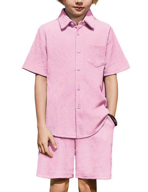 Boys 2 Piece Summer Outfit Short Sleeve Button Down Shirt and Shorts Set - Light Pink