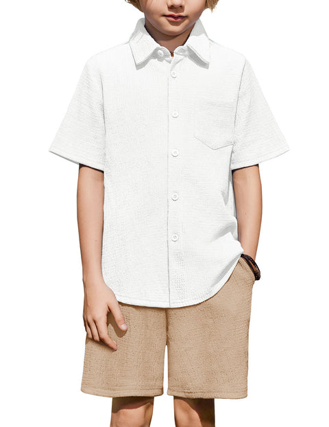 Boys 2 Piece Summer Outfit Short Sleeve Button Down Shirt and Shorts Set - White & Khaki