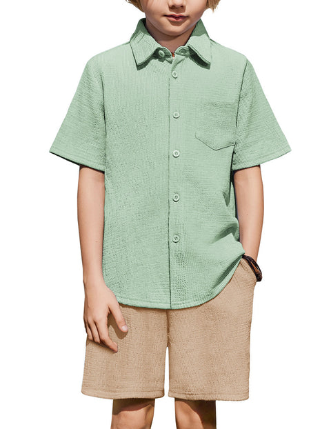 Boys 2 Piece Summer Outfit Short Sleeve Button Down Shirt and Shorts Set - Green & Khaki