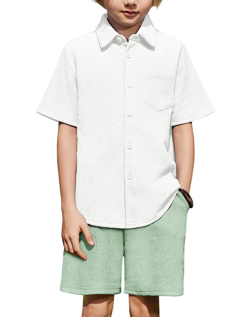 Boys 2 Piece Summer Outfit Short Sleeve Button Down Shirt and Shorts Set - White & Green