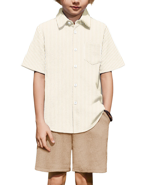 Boys 2 Piece Summer Outfit Short Sleeve Button Down Shirt and Shorts Set - Beige Stripes