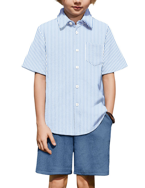 Boys 2 Piece Summer Outfit Short Sleeve Button Down Shirt and Shorts Set - Blue Stripes
