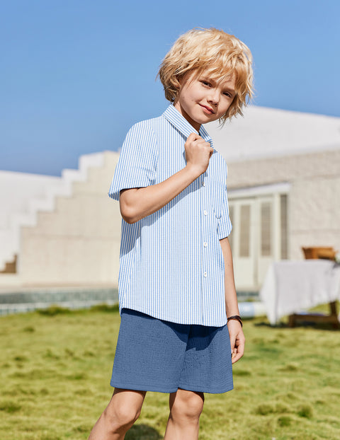 Boys 2 Piece Summer Outfit Short Sleeve Button Down Shirt and Shorts Set - Blue Stripes