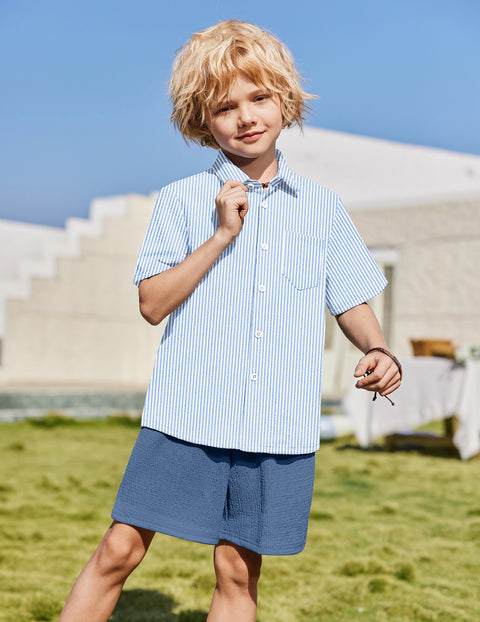 Boys 2 Piece Summer Outfit Short Sleeve Button Down Shirt and Shorts Set - Blue Stripes