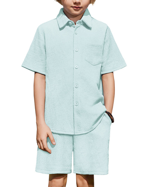 Boys 2 Piece Summer Outfit Short Sleeve Button Down Shirt and Shorts Set - Sky Blue