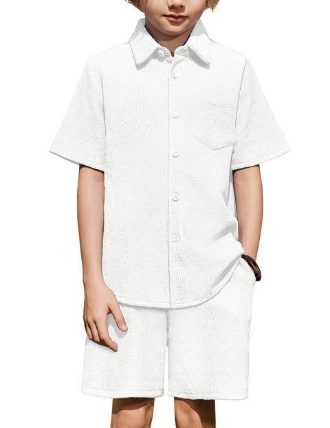 Boys 2 Piece Summer Outfit Short Sleeve Button Down Shirt and Shorts Set - White