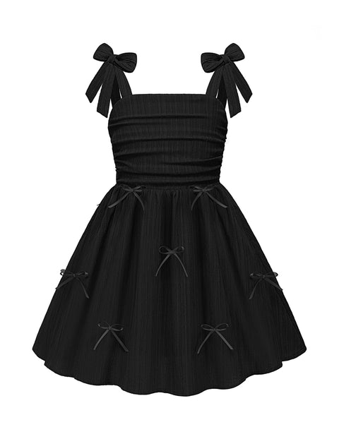 Girls Ruched Spaghetti Strap Sundress Smocked Back Bow A-Line Dress with Pockets - Black